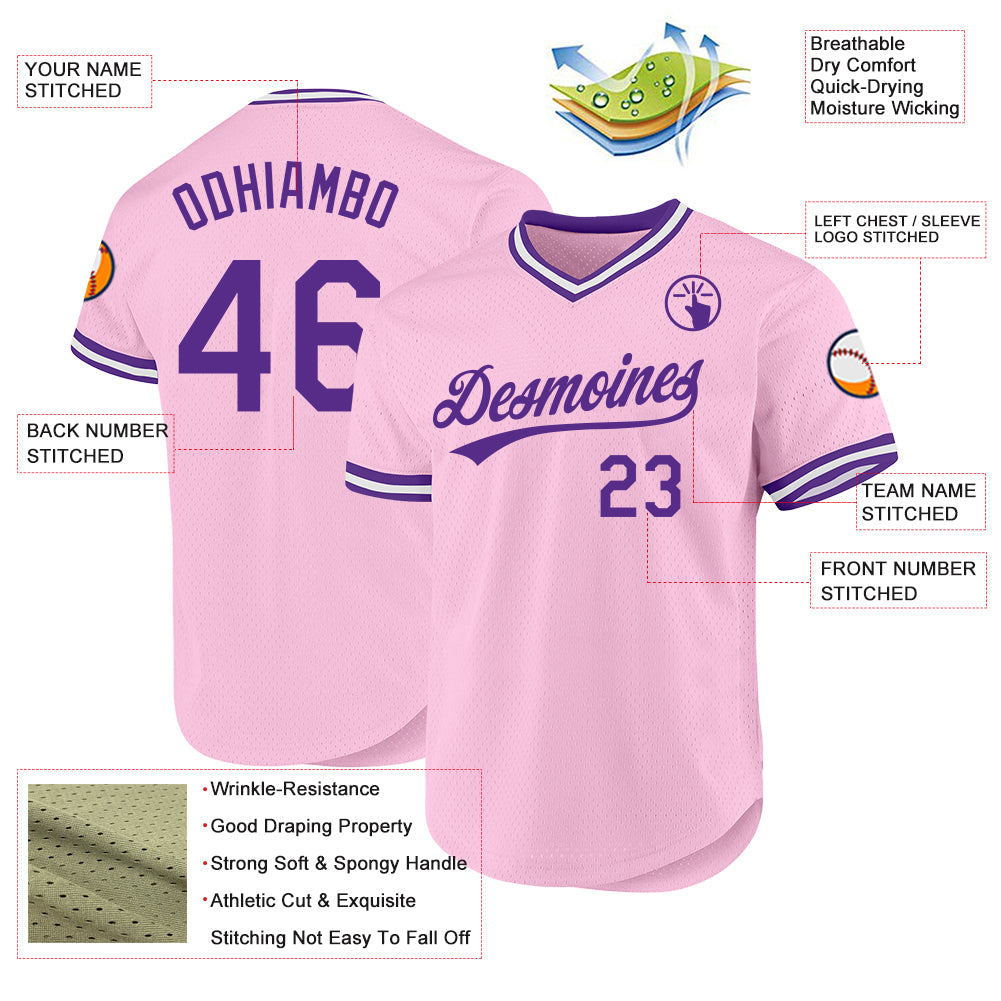 Custom Light Pink Purple-White Authentic Throwback Baseball Jersey view 3