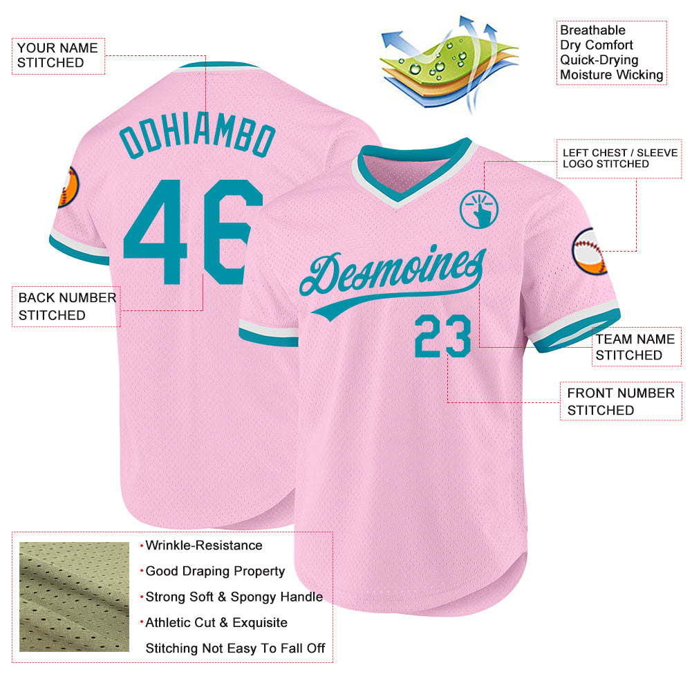 Custom Light Pink Teal-White Authentic Throwback Baseball Jersey view 3