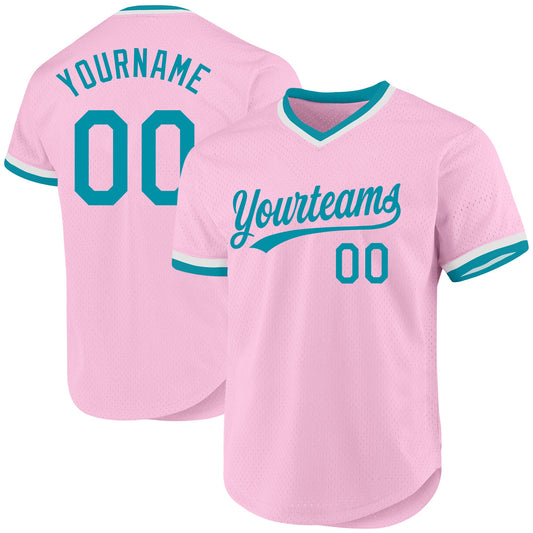 Custom Light Pink Teal-White Authentic Throwback Baseball Jersey - Main View