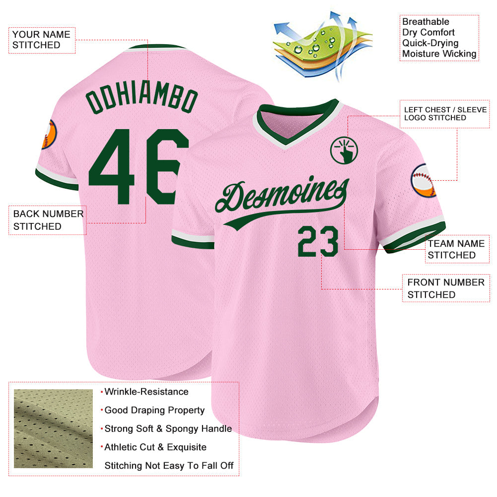 Custom Light Pink Green-White Authentic Throwback Baseball Jersey view 3