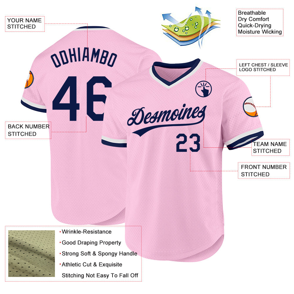 Custom Light Pink Navy-White Authentic Throwback Baseball Jersey view 3