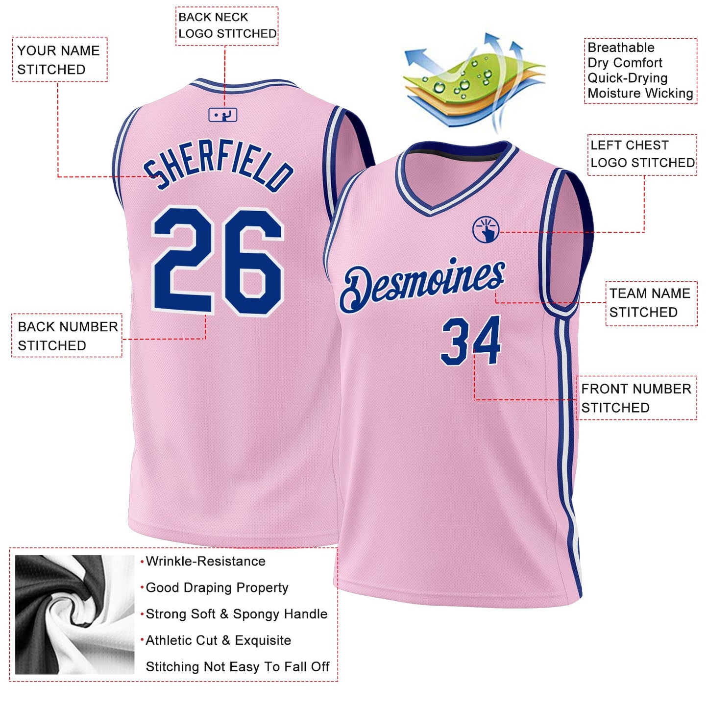 Custom Light Pink Royal-White Authentic Throwback Basketball Jersey view 3