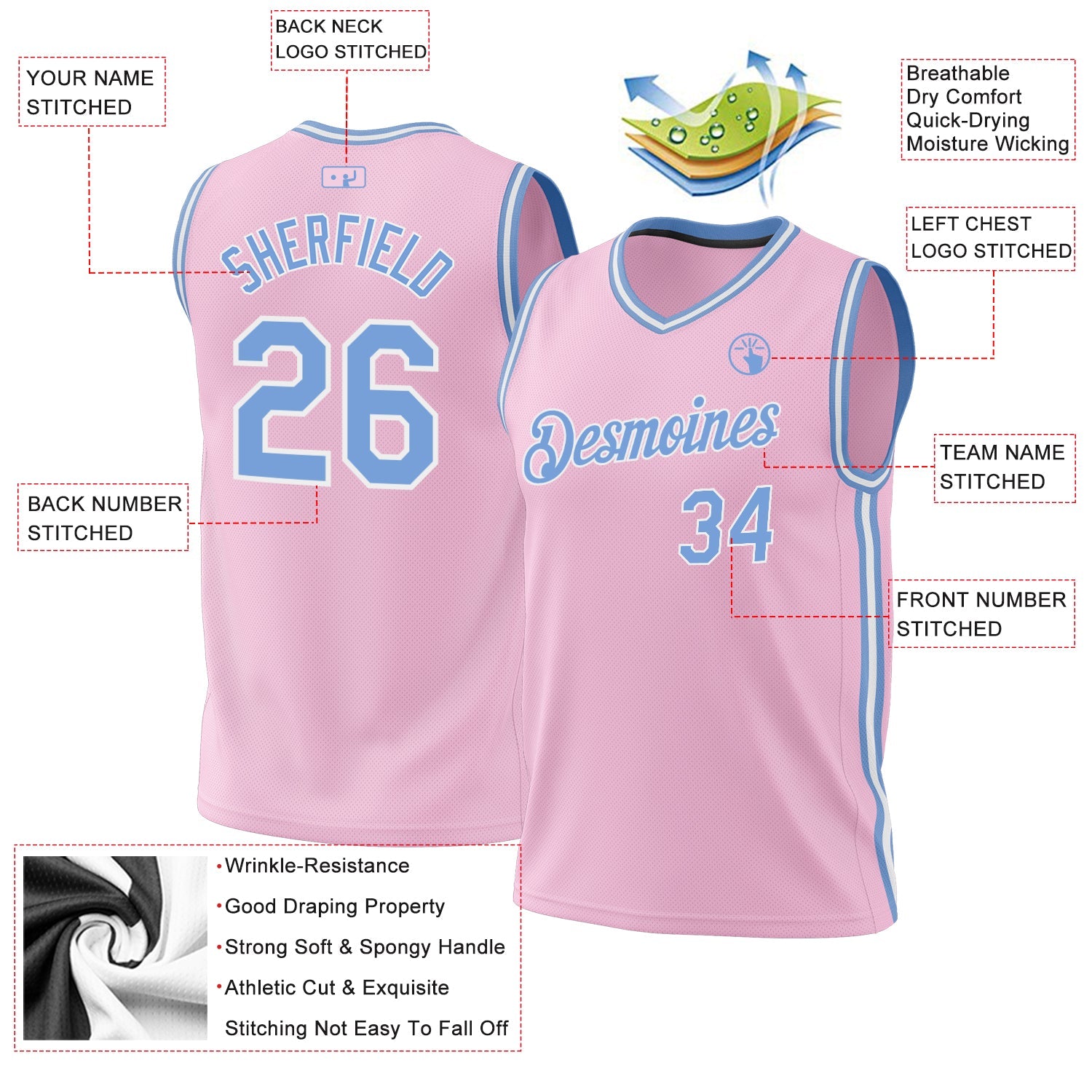 Custom Light Pink Light Blue-White Authentic Throwback Basketball Jersey view 3