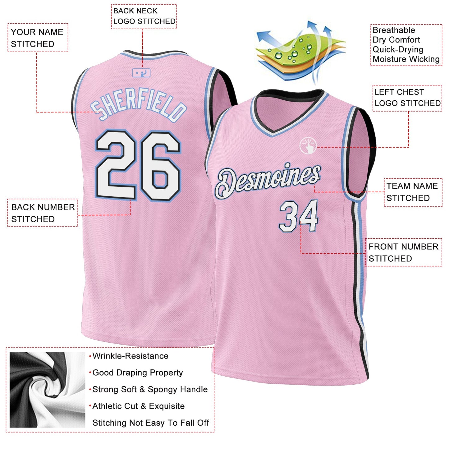 Custom Light Pink Black-Light Blue Authentic Throwback Basketball Jersey view 3