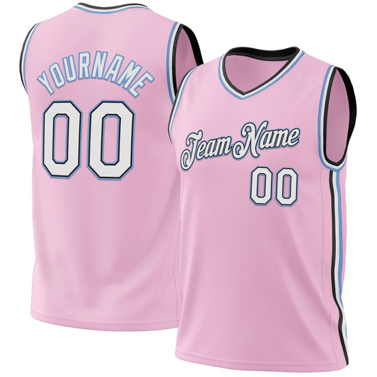 Custom Light Pink Black-Light Blue Authentic Throwback Basketball Jersey - Main View