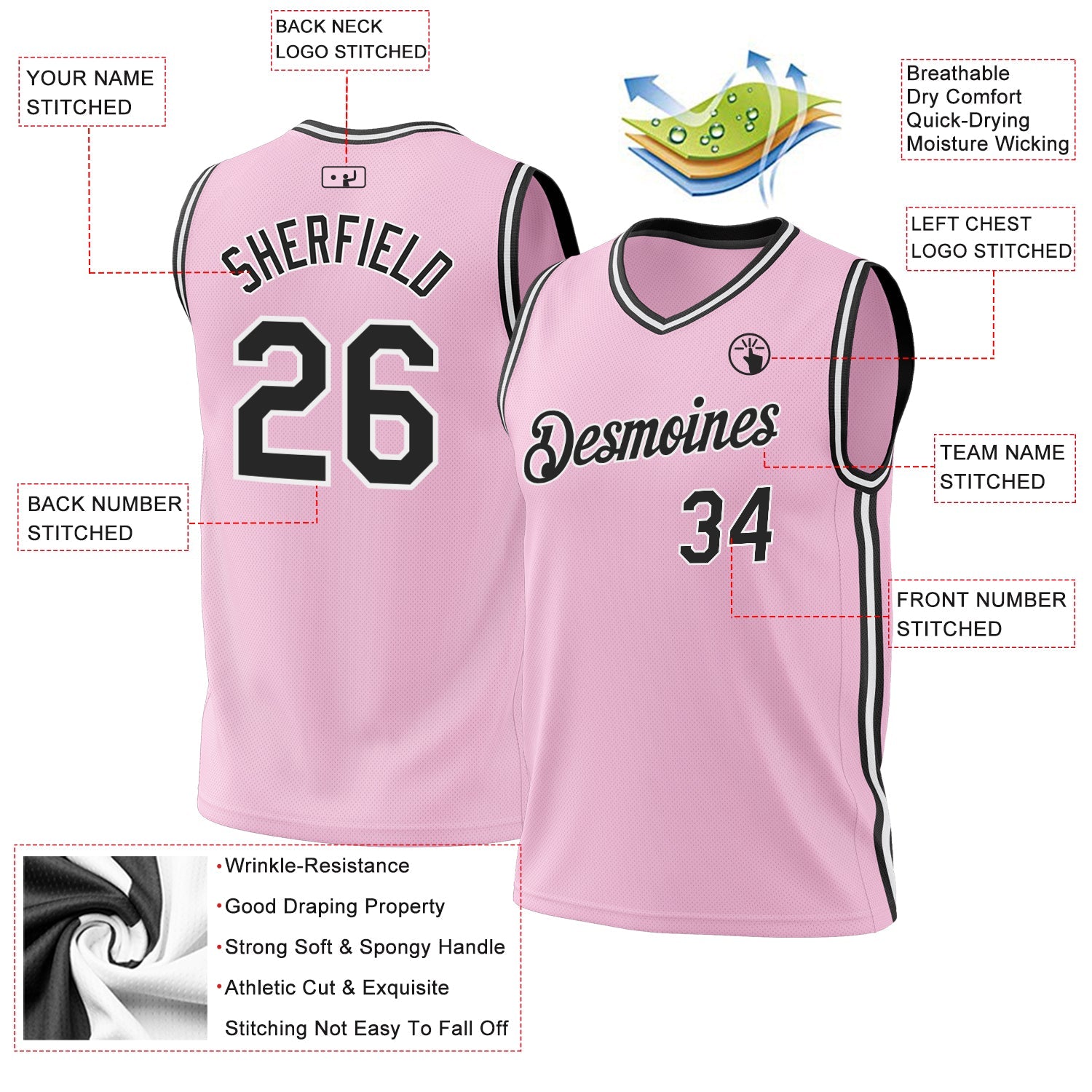 Custom Light Pink Black-White Authentic Throwback Basketball Jersey view 3