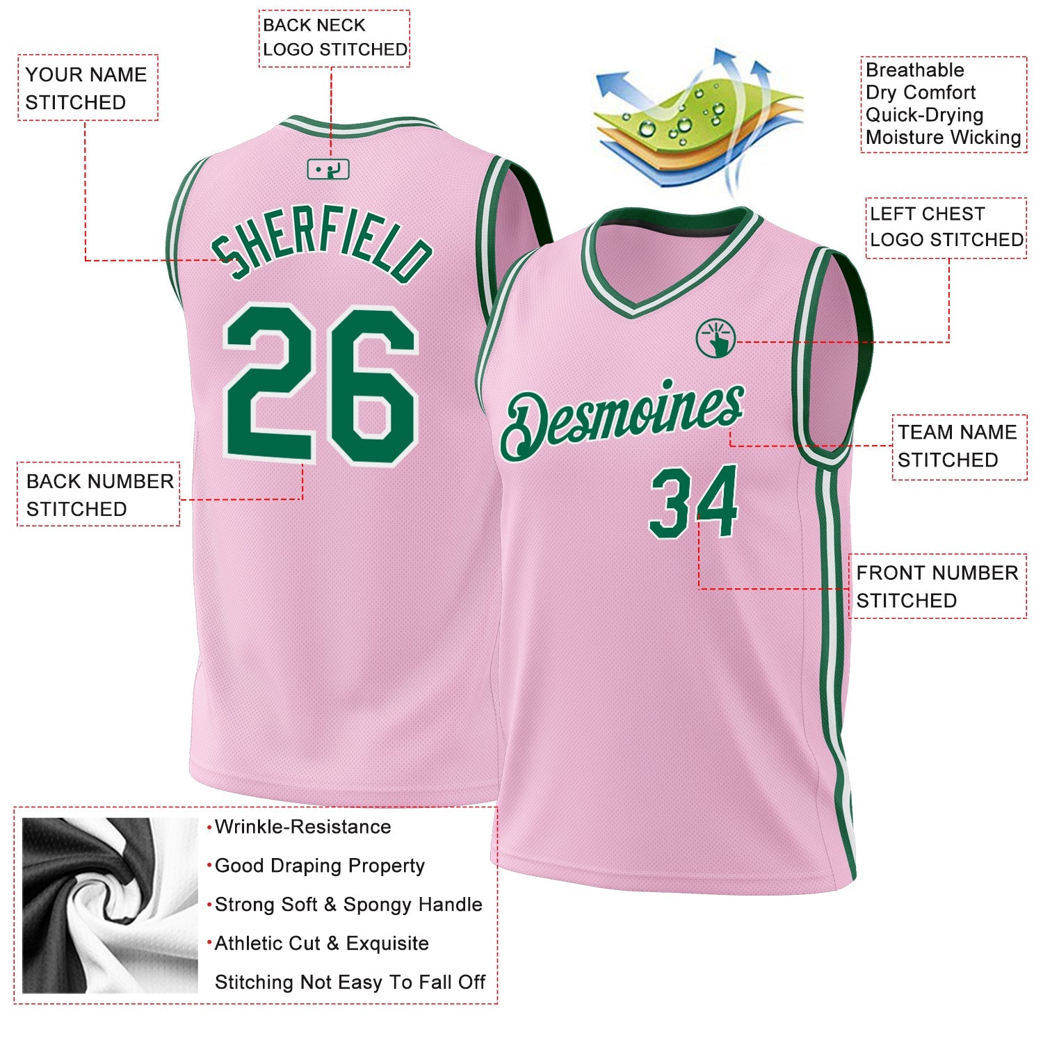 Custom Light Pink Kelly Green-White Authentic Throwback Basketball Jersey view 3