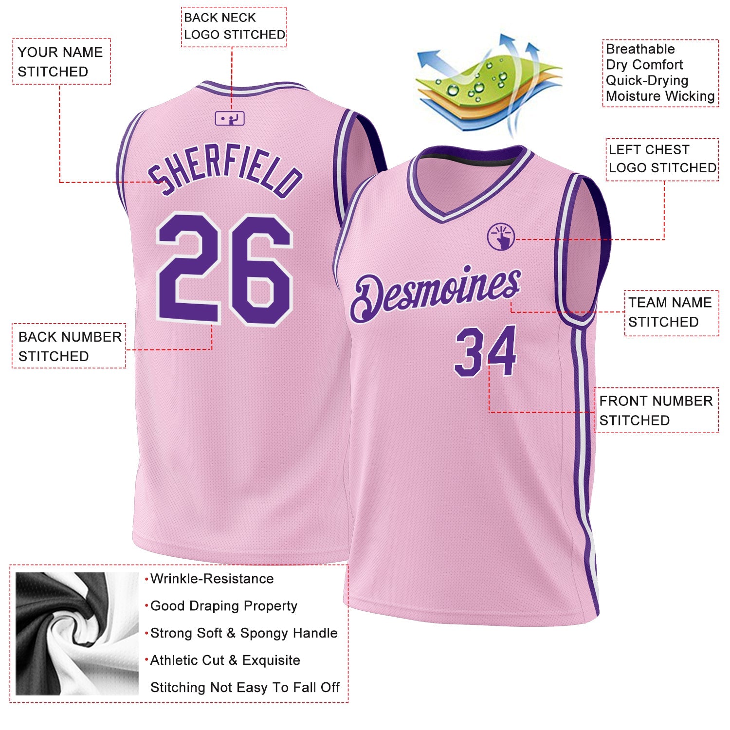 Custom Light Pink Purple-White Authentic Throwback Basketball Jersey view 3