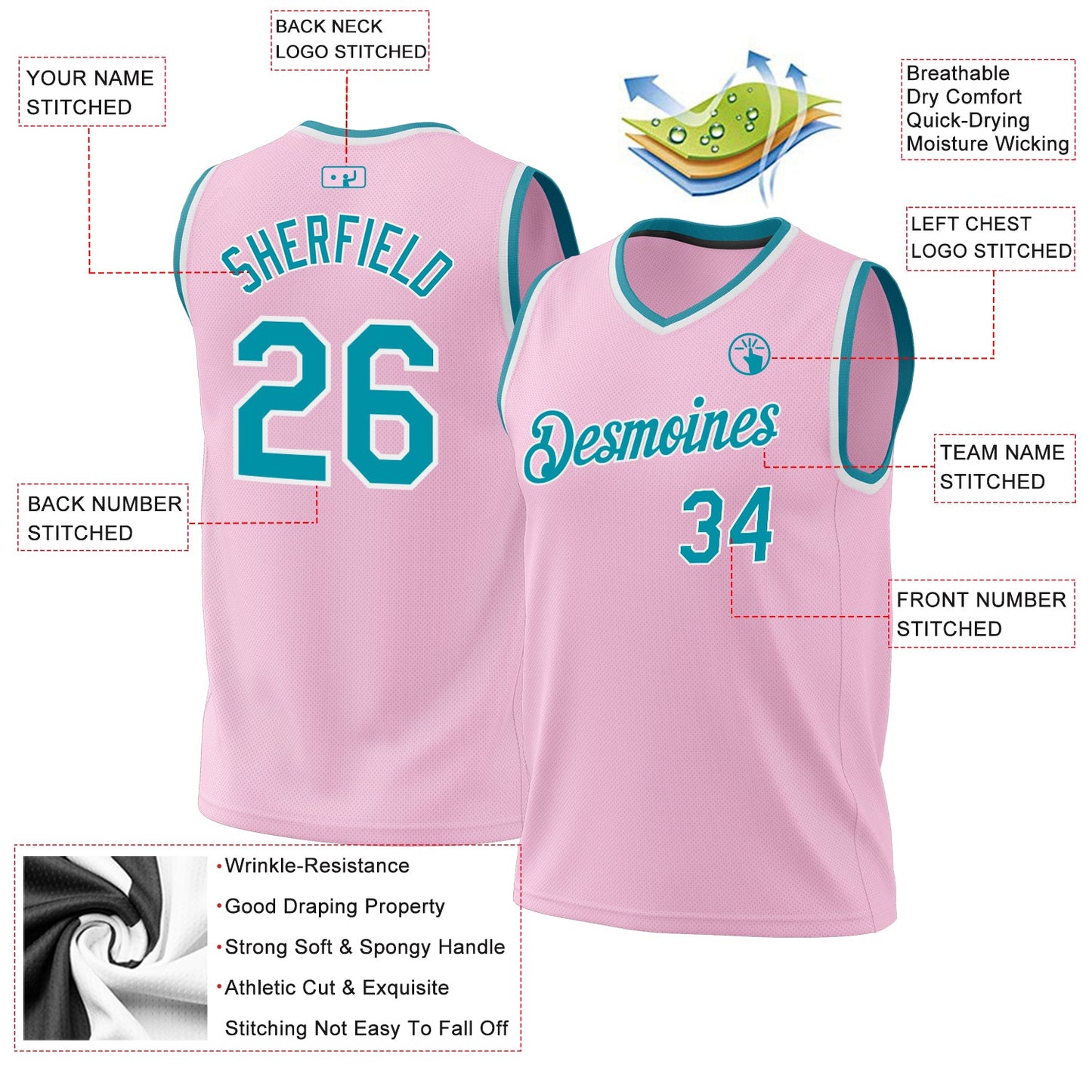 Custom Light Pink Teal-White Authentic Throwback Basketball Jersey view 3