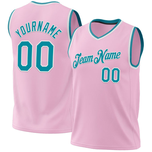 Custom Light Pink Teal-White Authentic Throwback Basketball Jersey - Main View