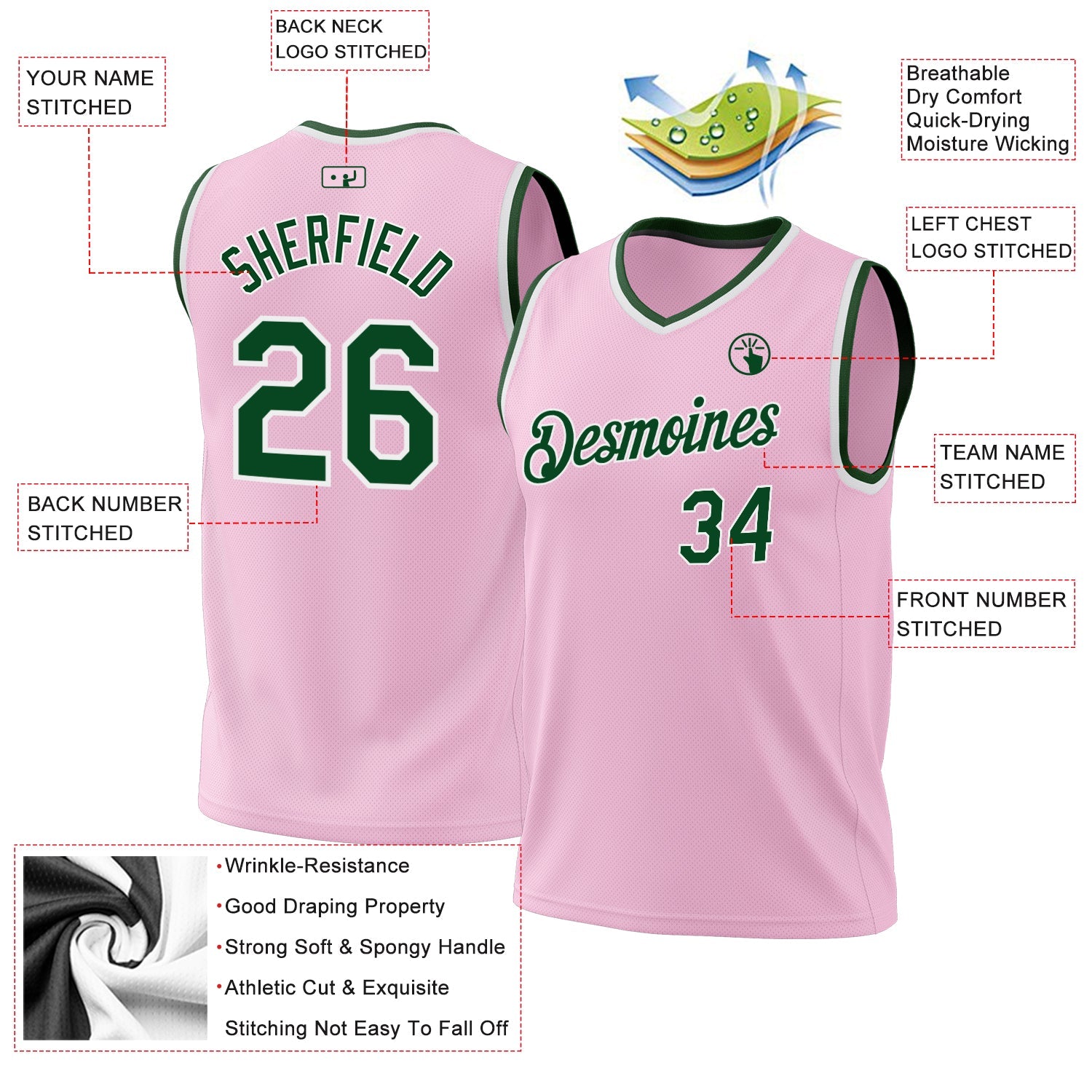 Custom Light Pink Green-White Authentic Throwback Basketball Jersey view 3