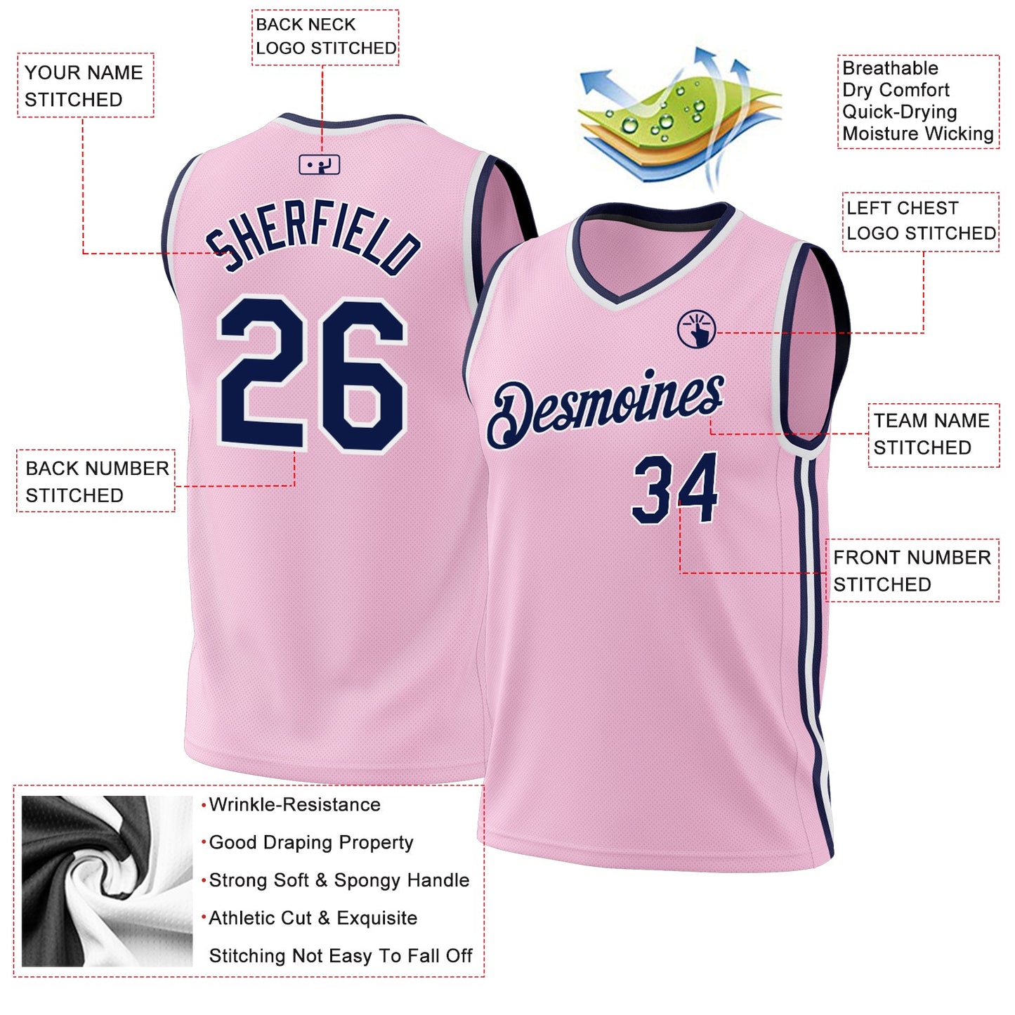 Custom Light Pink Navy-White Authentic Throwback Basketball Jersey view 3