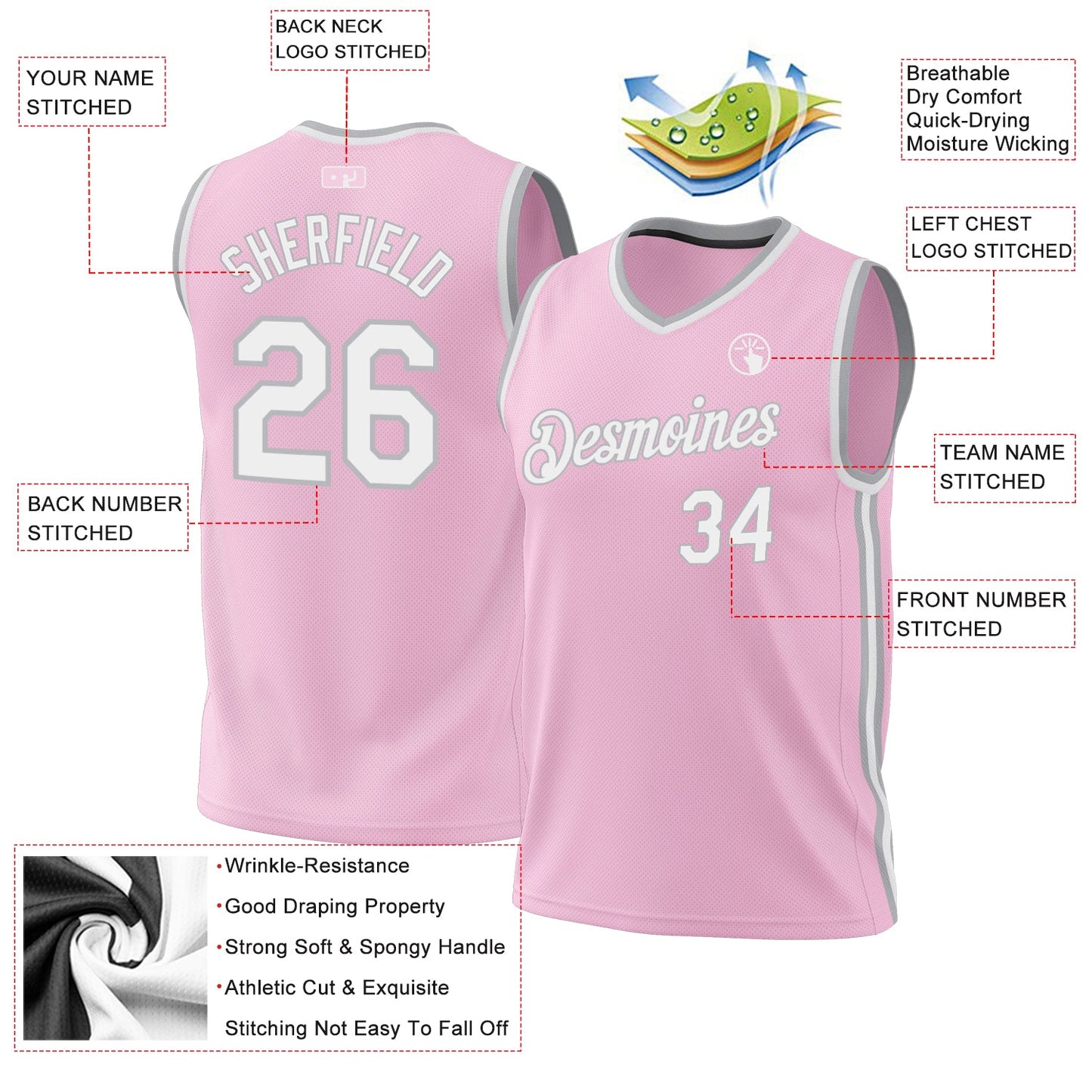 Custom Light Pink White-Gray Authentic Throwback Basketball Jersey view 3