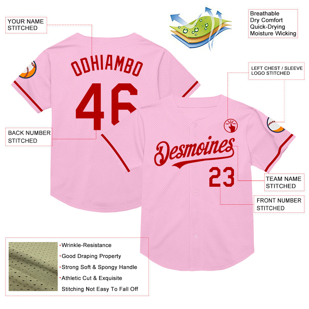 Custom Light Pink Red Mesh Authentic Throwback Baseball Jersey view 3