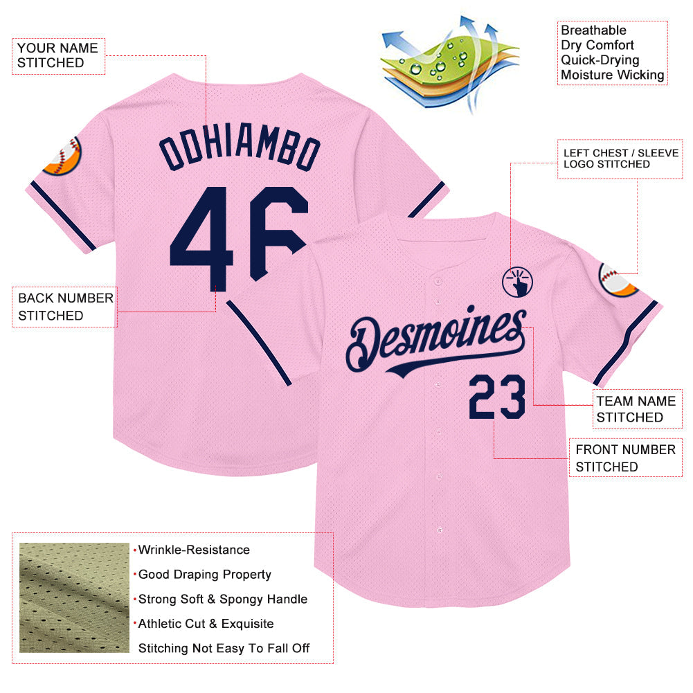 Custom Light Pink Navy Mesh Authentic Throwback Baseball Jersey view 3