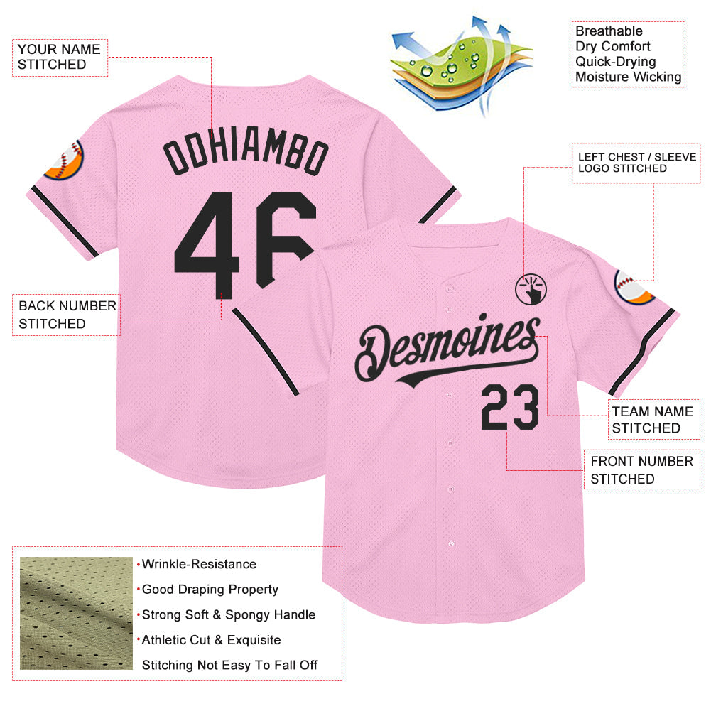 Custom Light Pink Black Mesh Authentic Throwback Baseball Jersey view 3