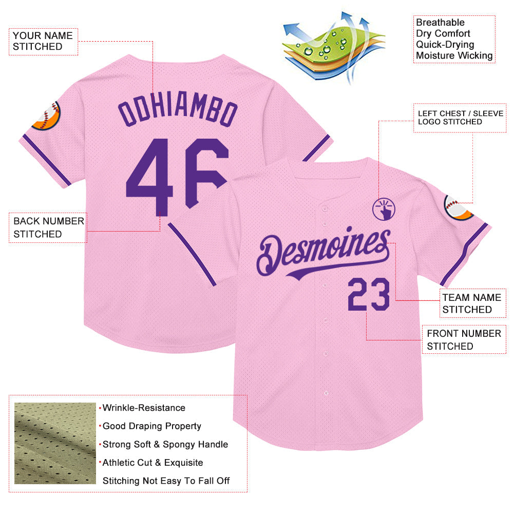 Custom Light Pink Purple Mesh Authentic Throwback Baseball Jersey view 3