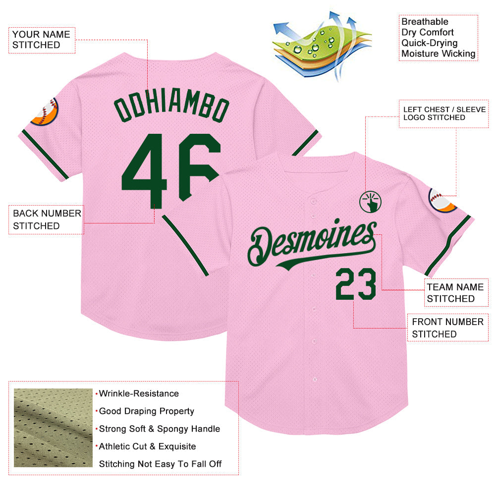 Custom Light Pink Green Mesh Authentic Throwback Baseball Jersey view 3