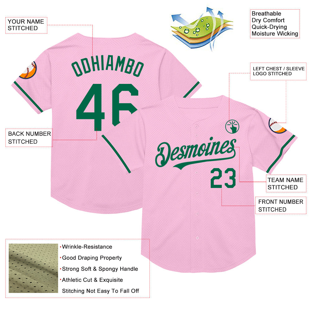 Custom Light Pink Kelly Green Mesh Authentic Throwback Baseball Jersey view 3