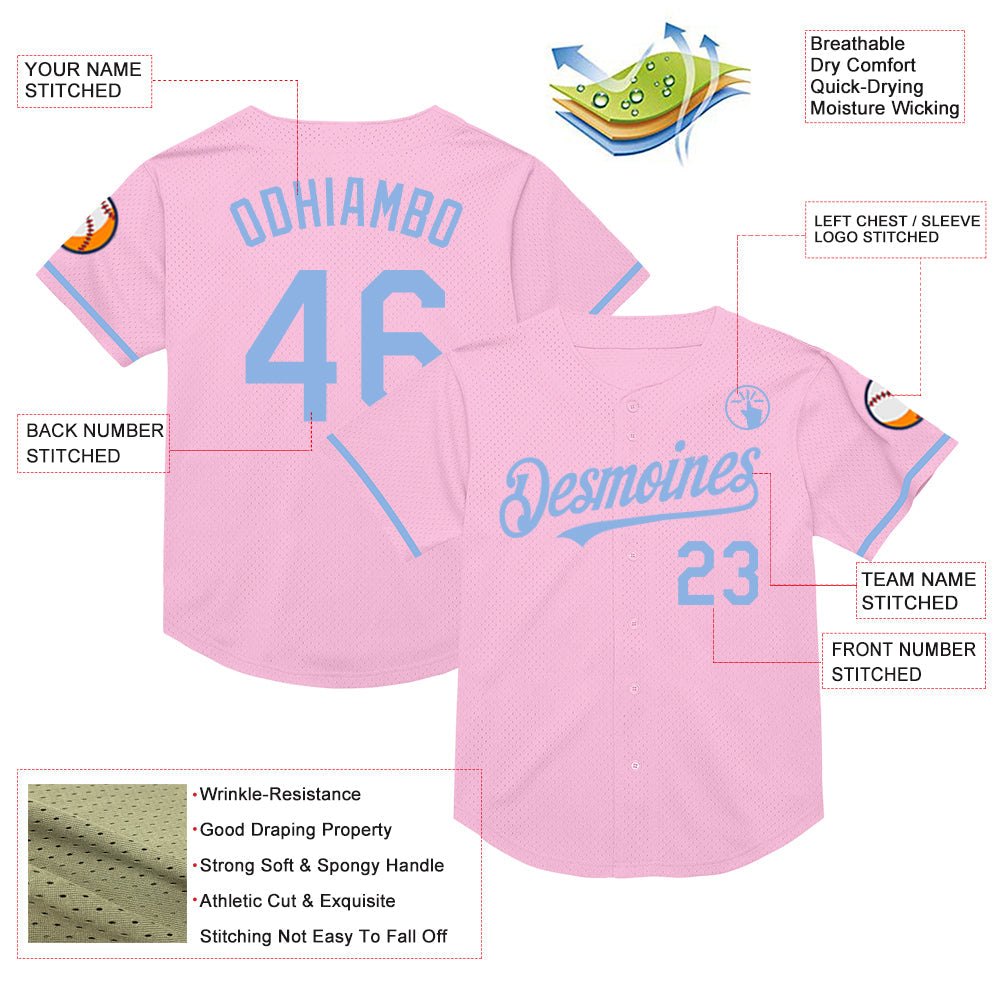 Custom Light Pink Light Blue Mesh Authentic Throwback Baseball Jersey view 3
