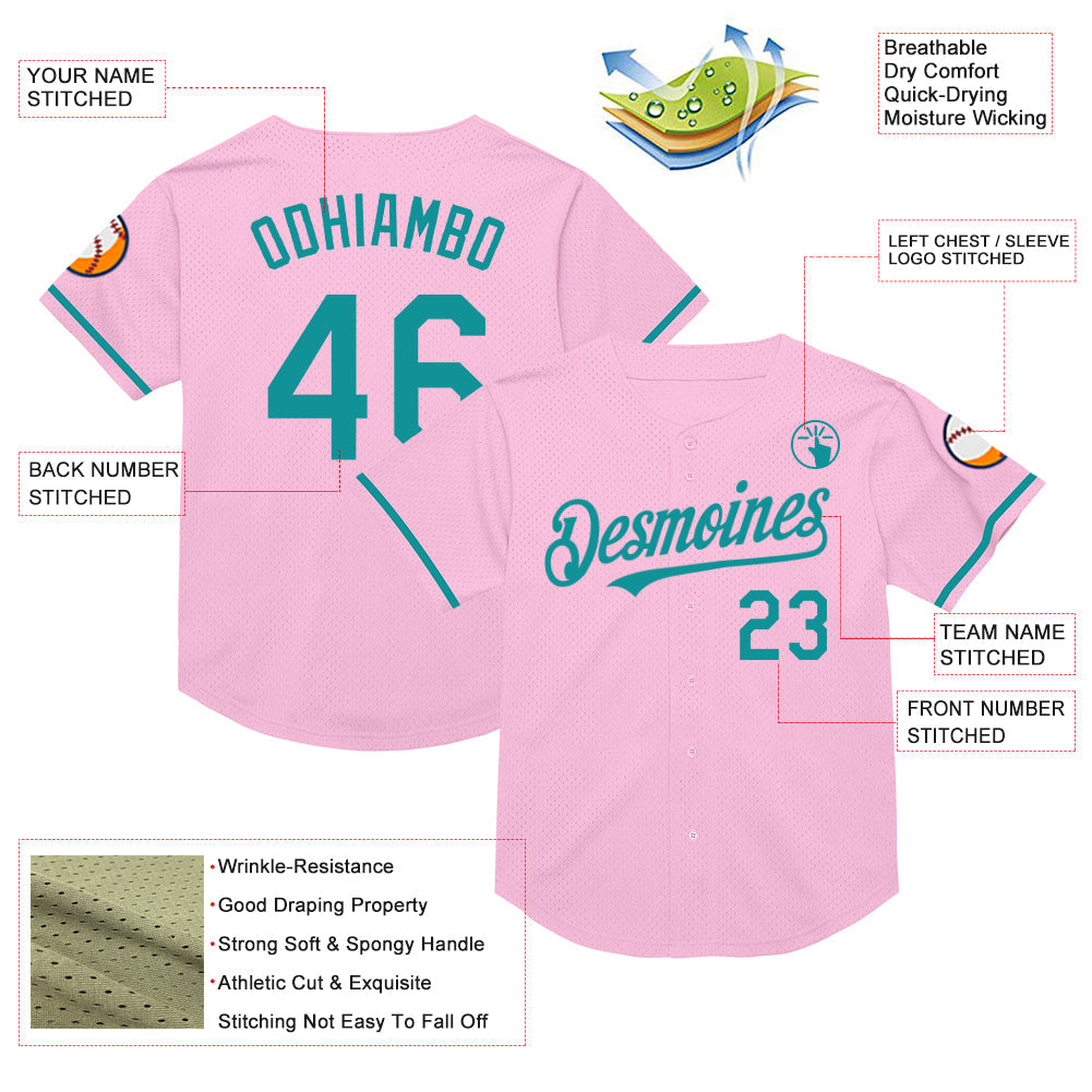 Custom Light Pink Teal Mesh Authentic Throwback Baseball Jersey view 3