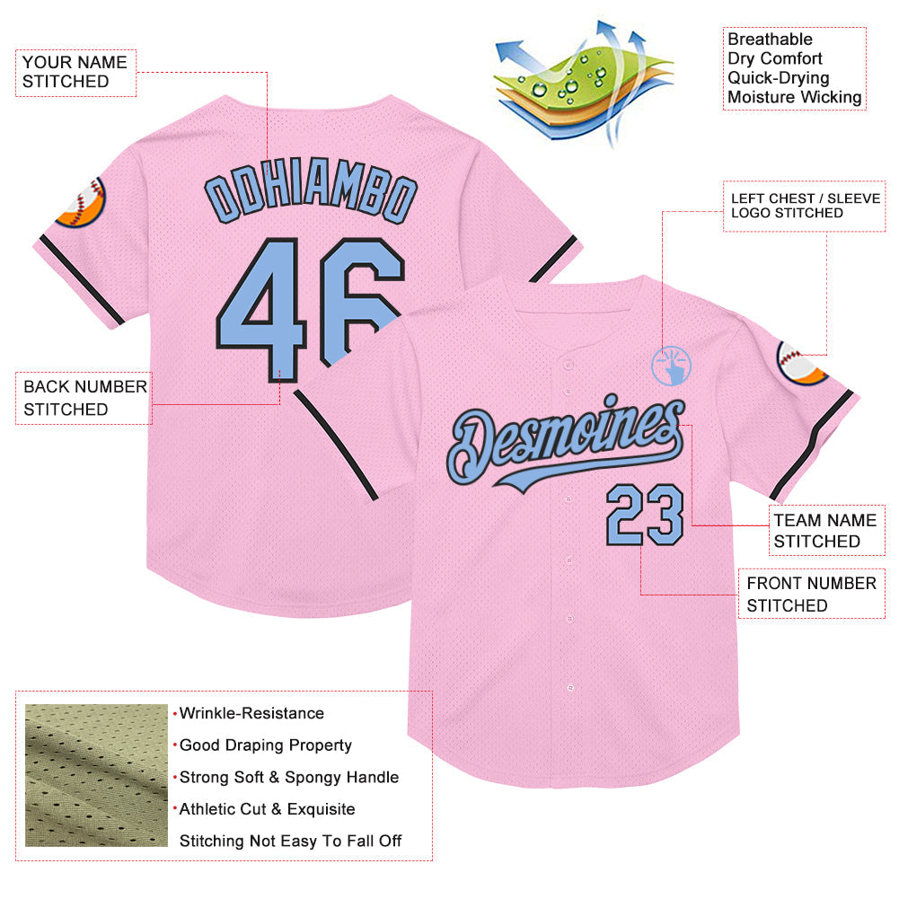 Custom Light Pink Light Blue-Black Mesh Authentic Throwback Baseball Jersey view 3