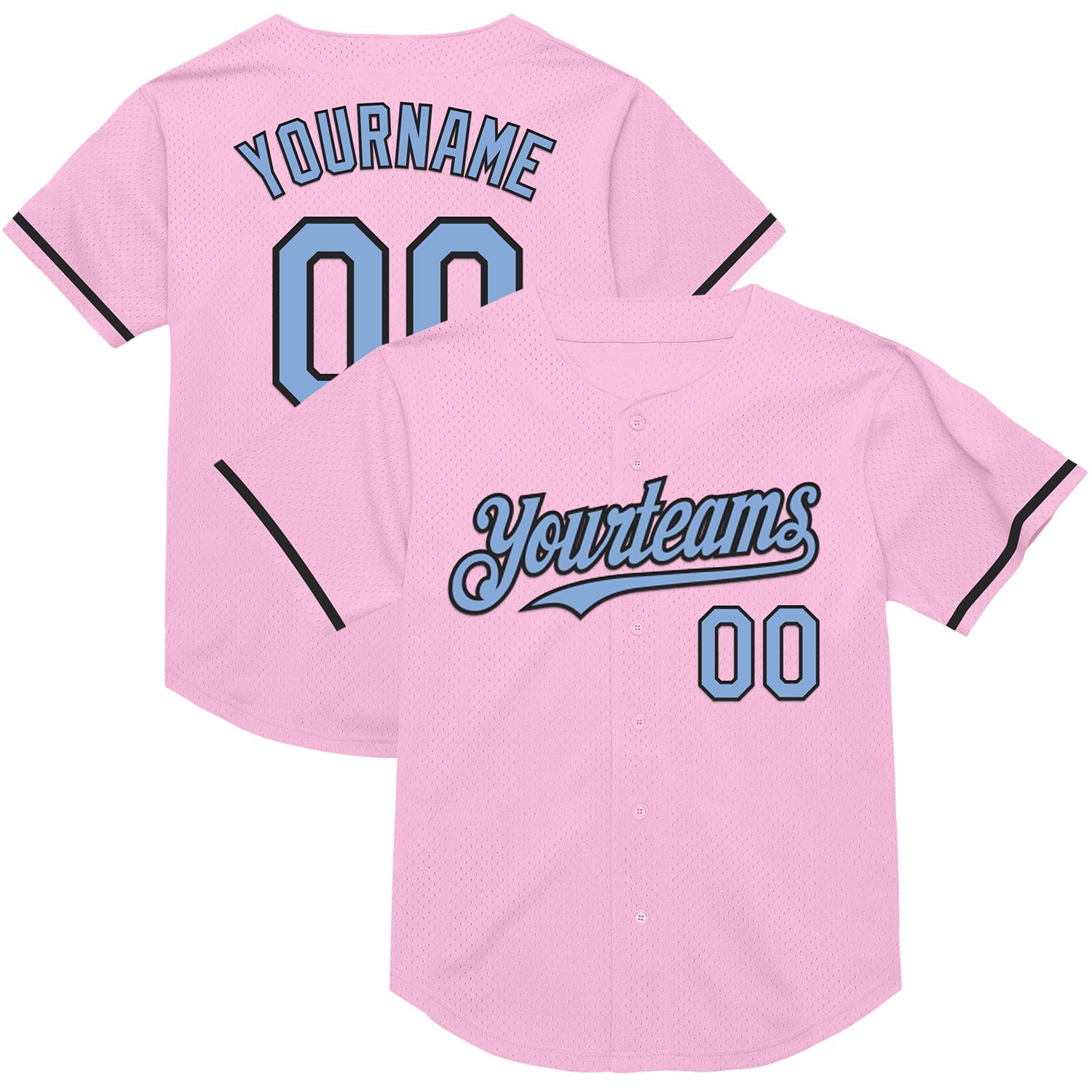Custom Light Pink Light Blue-Black Mesh Authentic Throwback Baseball Jersey - Main View