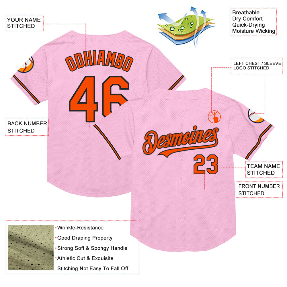 Custom Light Pink Orange-Black Mesh Authentic Throwback Baseball Jersey view 3