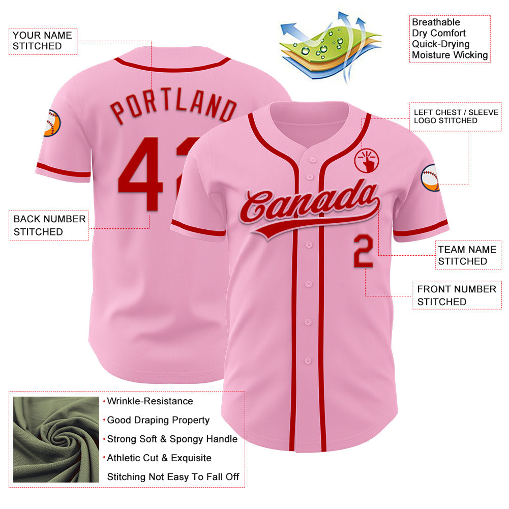 Custom Light Pink Red Authentic Baseball Jersey view 3