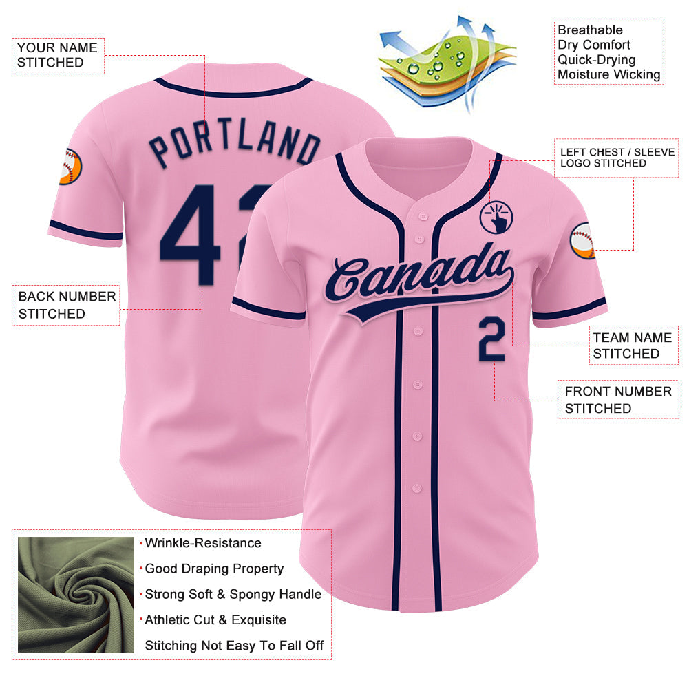Custom Light Pink Navy Authentic Baseball Jersey view 3