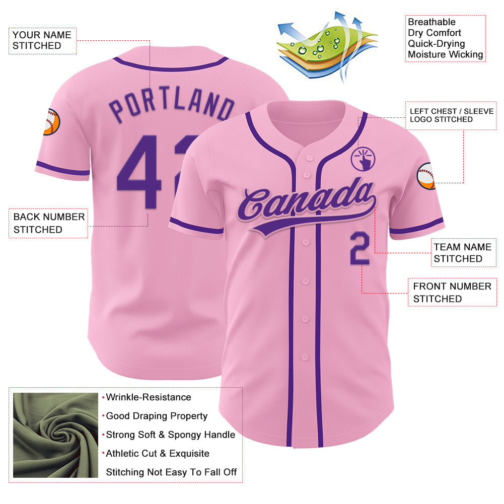 Custom Light Pink Purple Authentic Baseball Jersey view 3