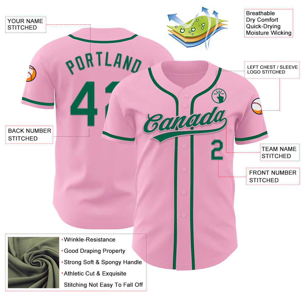 Custom Light Pink Kelly Green Authentic Baseball Jersey view 3