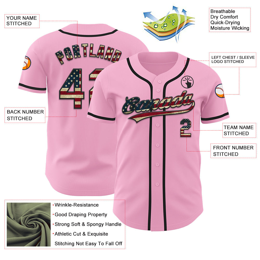 Custom Light Pink Vintage USA Flag-Black Authentic Baseball Jersey view 3
