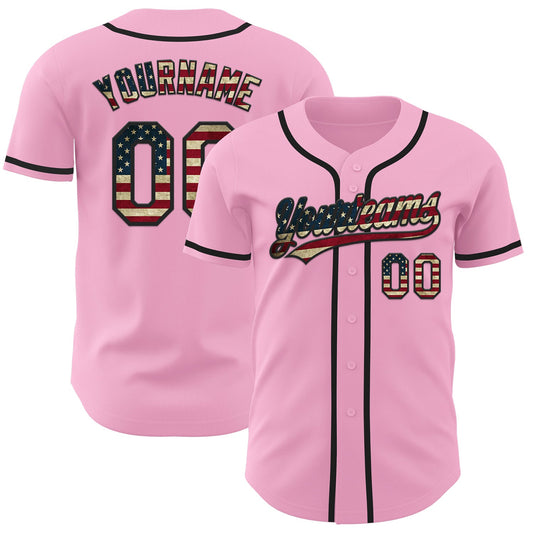 Custom Light Pink Vintage USA Flag-Black Authentic Baseball Jersey - Main View