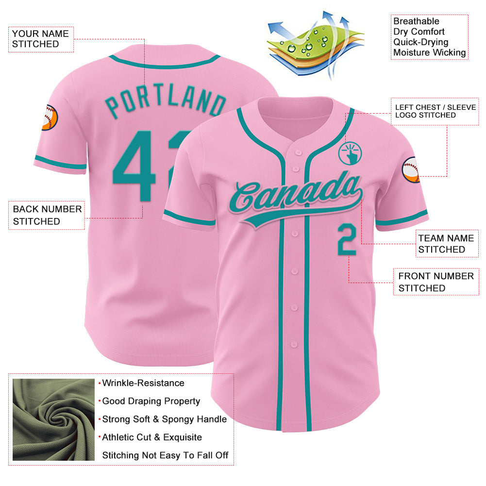 Custom Light Pink Teal Authentic Baseball Jersey view 3