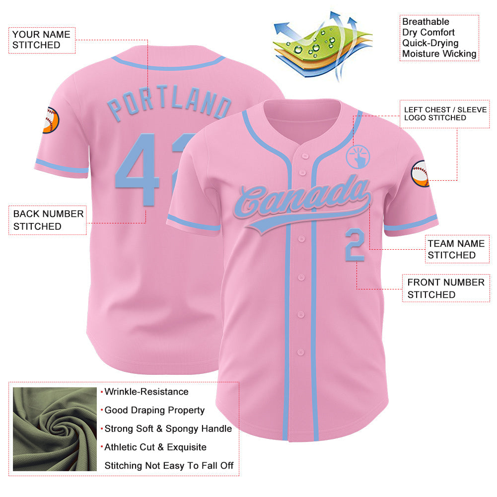 Custom Light Pink Light Blue Authentic Baseball Jersey view 3