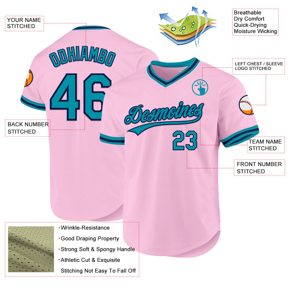 Custom Light Pink Teal-Navy Authentic Throwback Baseball Jersey view 3