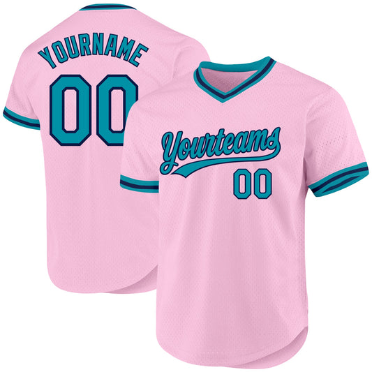 Custom Light Pink Teal-Navy Authentic Throwback Baseball Jersey - Main View