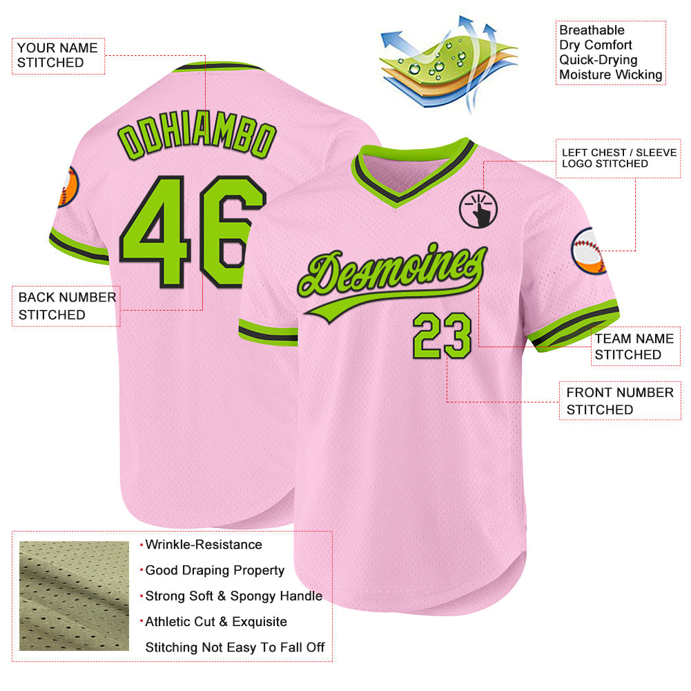 Custom Light Pink Neon Green-Black Authentic Throwback Baseball Jersey view 3