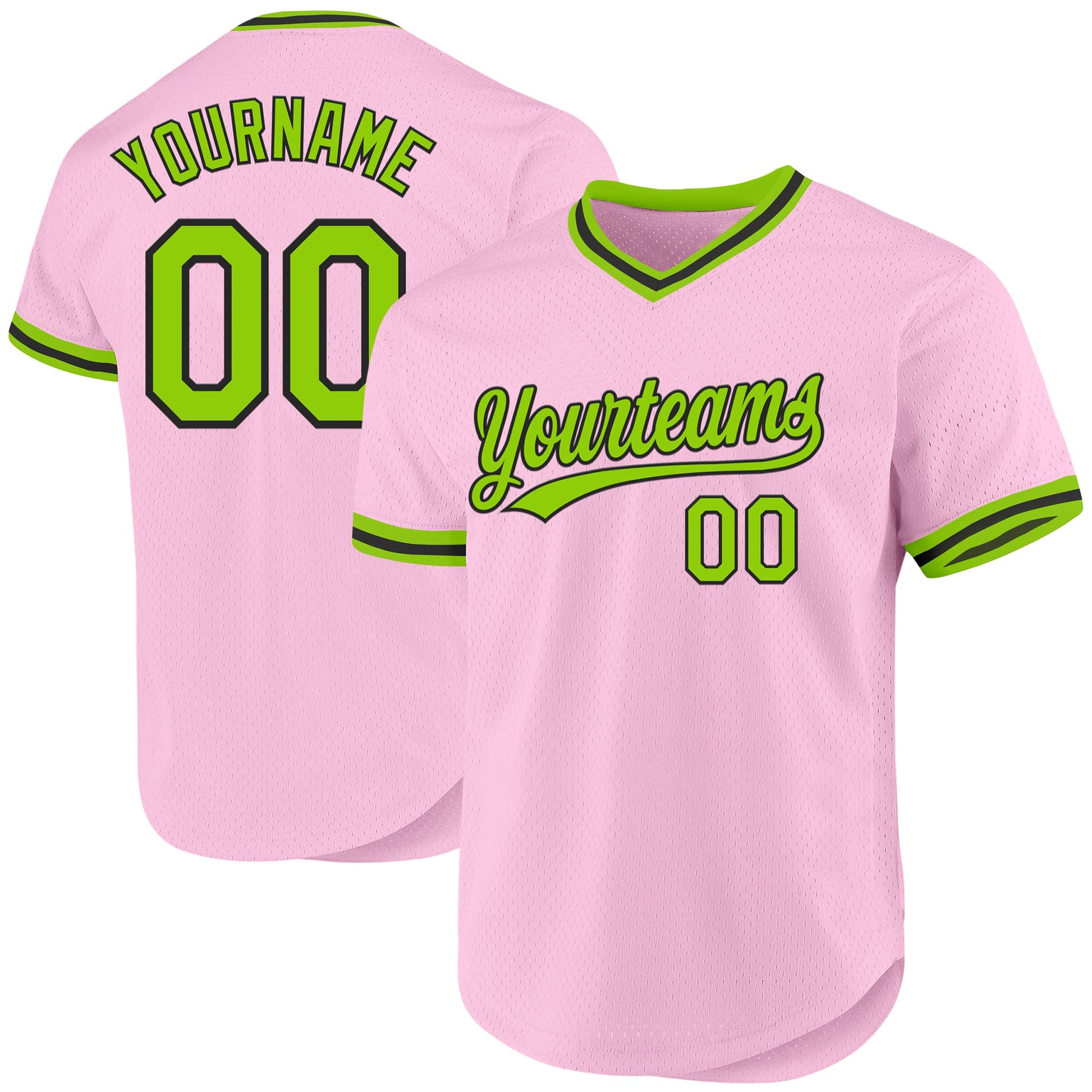 Custom Light Pink Neon Green-Black Authentic Throwback Baseball Jersey - Main View