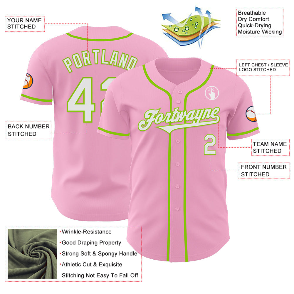 Custom Light Pink White-Neon Green Authentic Baseball Jersey view 3