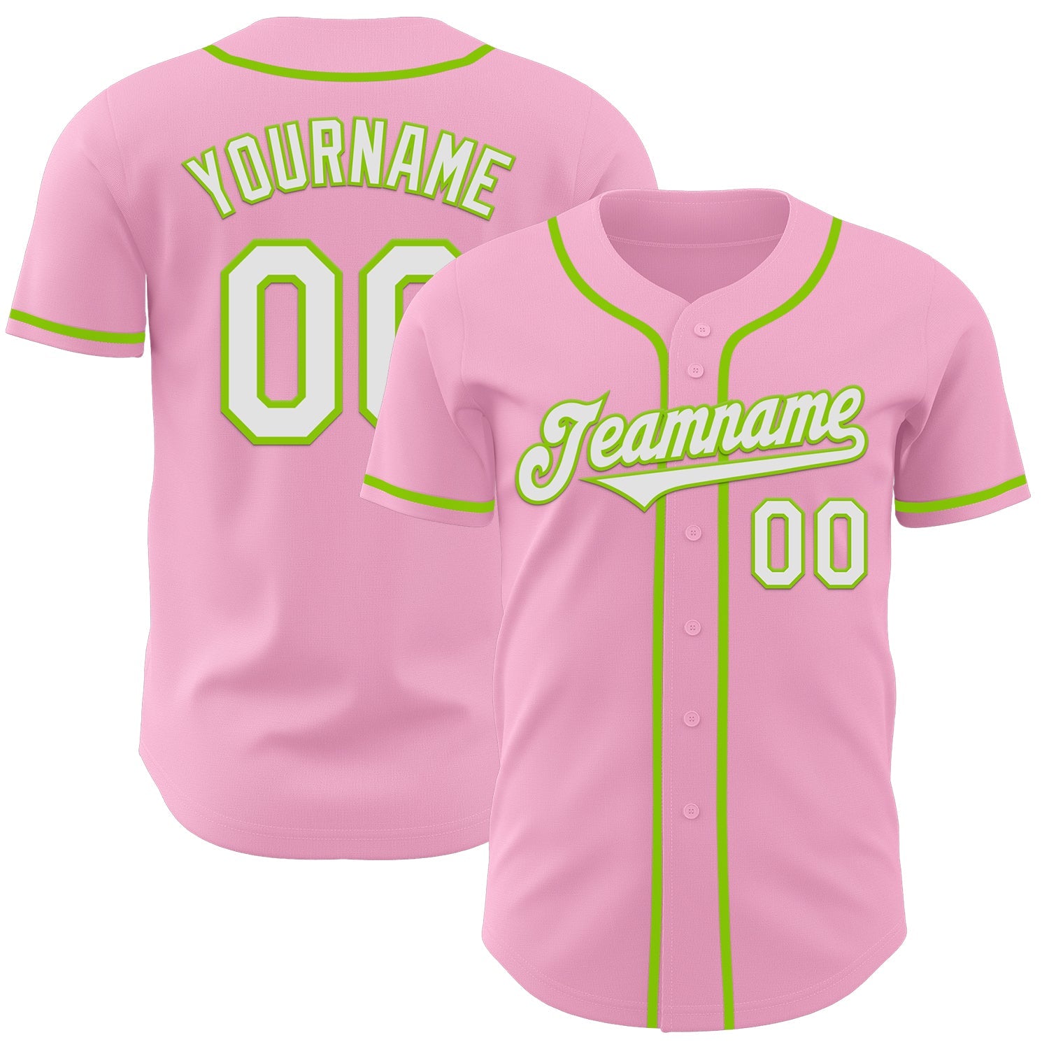 Custom Light Pink White-Neon Green Authentic Baseball Jersey - Main View