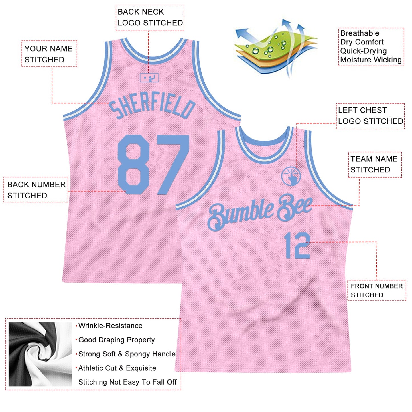 Custom Light Pink Light Blue-White Authentic Throwback Basketball Jersey view 2
