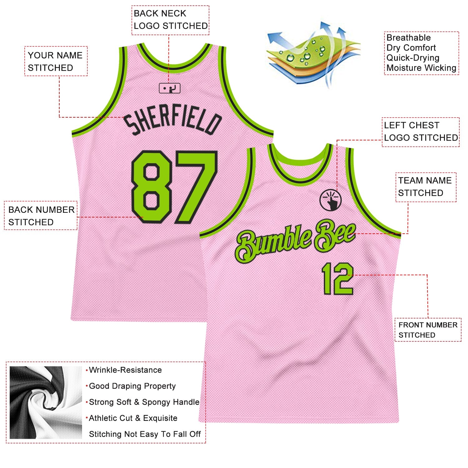Custom Light Pink Neon Green-Black Authentic Throwback Basketball Jersey view 2