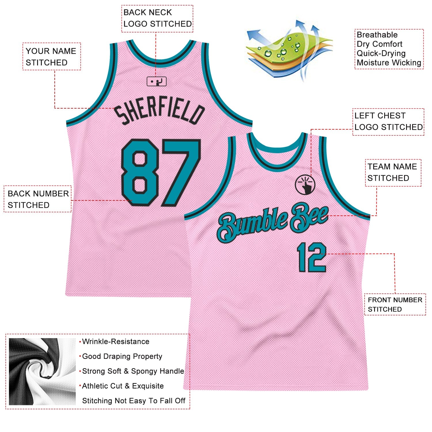 Custom Light Pink Teal-Black Authentic Throwback Basketball Jersey view 2