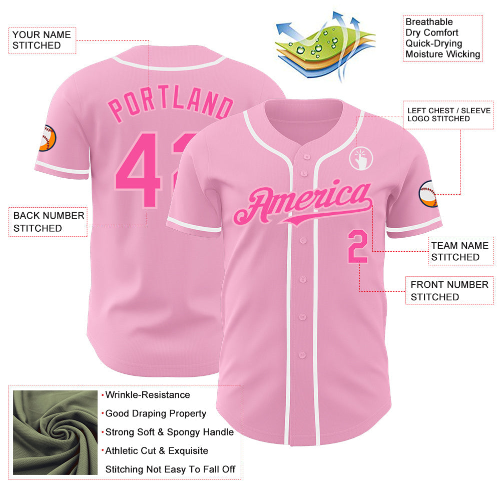 Custom Light Pink Pink-White Authentic Baseball Jersey view 3