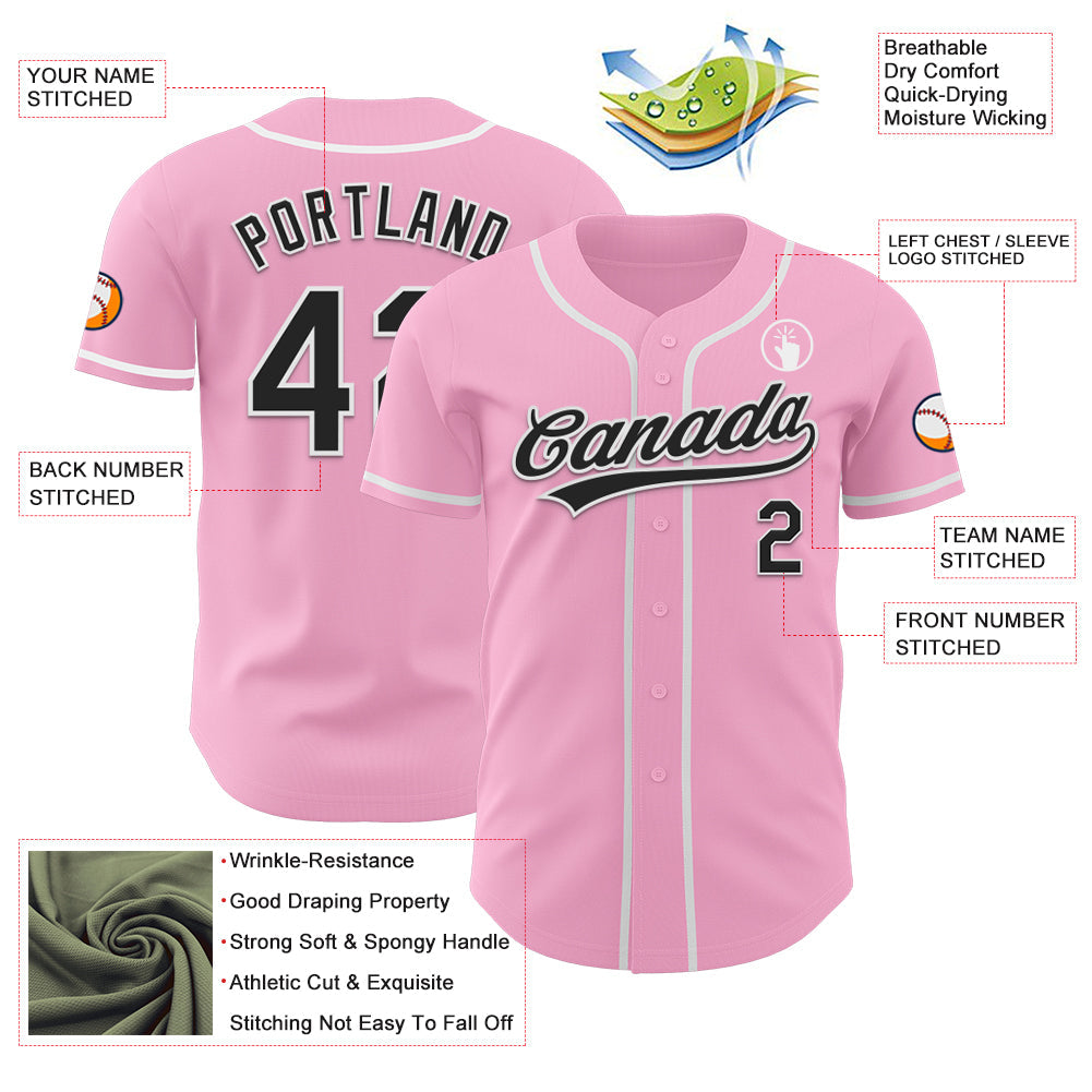 Custom Light Pink Black-White Authentic Baseball Jersey view 3