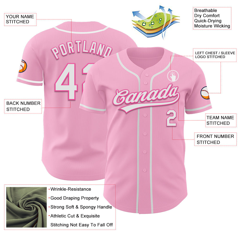 Custom Light Pink White-Pink Authentic Baseball Jersey view 3