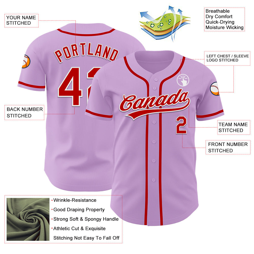 Custom Light Purple Red-White Authentic Baseball Jersey view 3