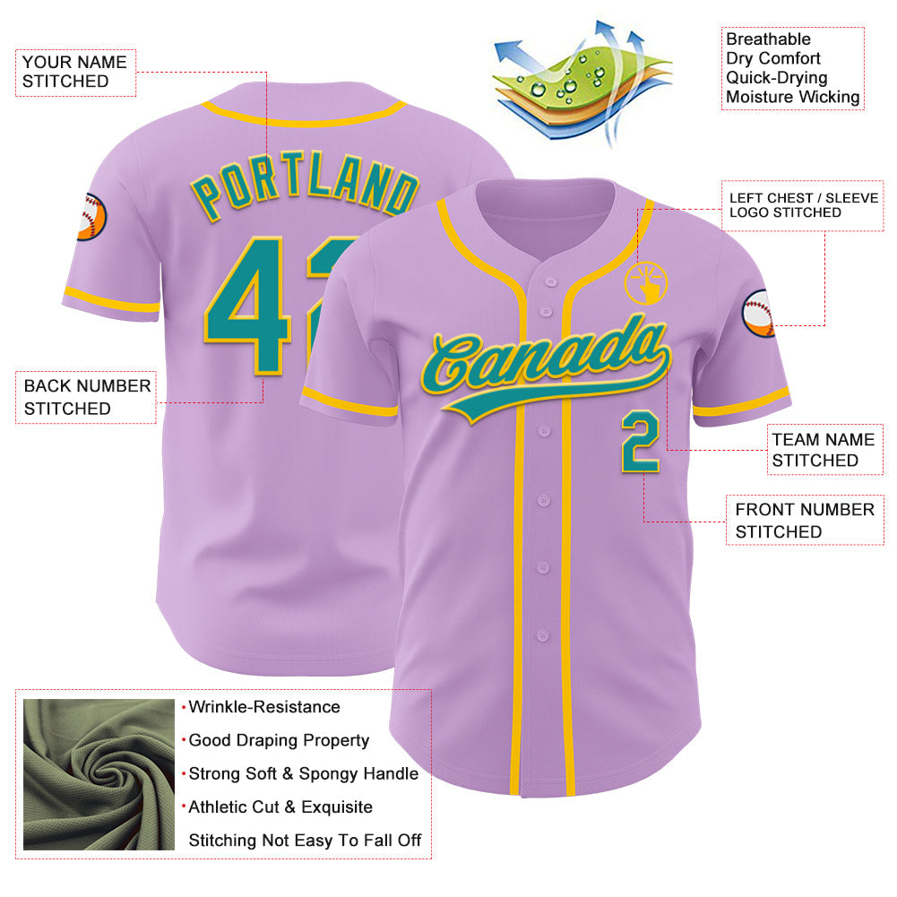 Custom Light Purple Teal-Yellow Authentic Baseball Jersey view 3